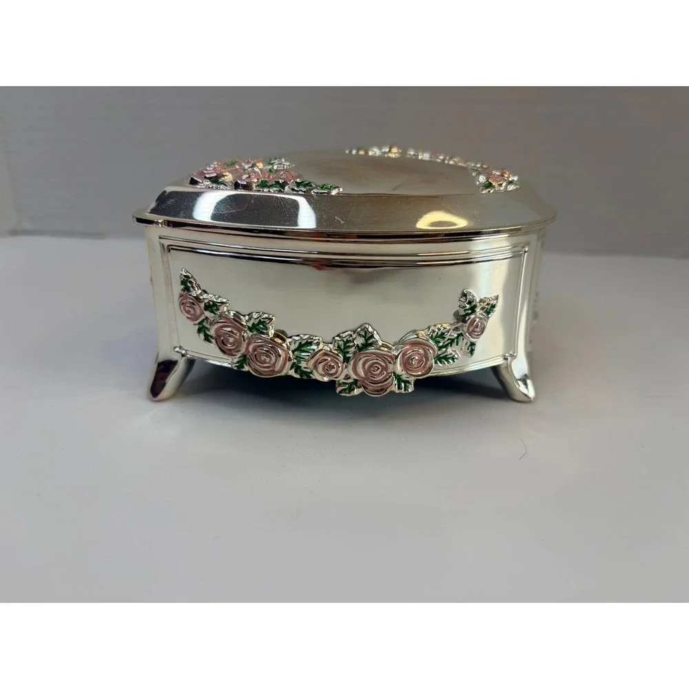 Vtg Silver Heart Jewelry Box Pink Enameled Rose Footed Trinket Case Girly Vanity